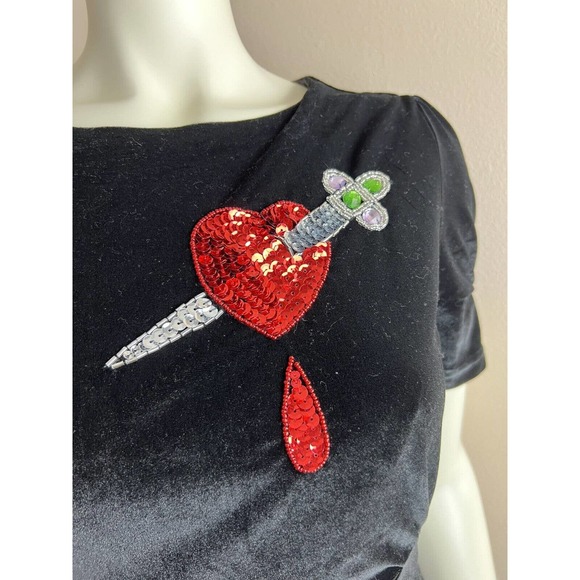 Nicoletta Carlone Black Velvet Dress XS Pierced Heart Sequin Dagger Goth 30s 40s - Picture 5 of 12